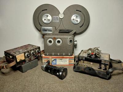 Auricon film equipment from well-known journalist Joe Mc Garrigle (1916-1993) from Donegal Town. As a feature writer, journalist and cameraman, Joe was a very successful chronicler of peoples' lives for over 50 years in Donegal. As a journalist, he was a regular contributor for Radio Eireann and was appointed cameraman and correspondent for the North-West for RTE, covering many important events and documenting old traditions on the wane to a modernising society. (DCM.2025.1)